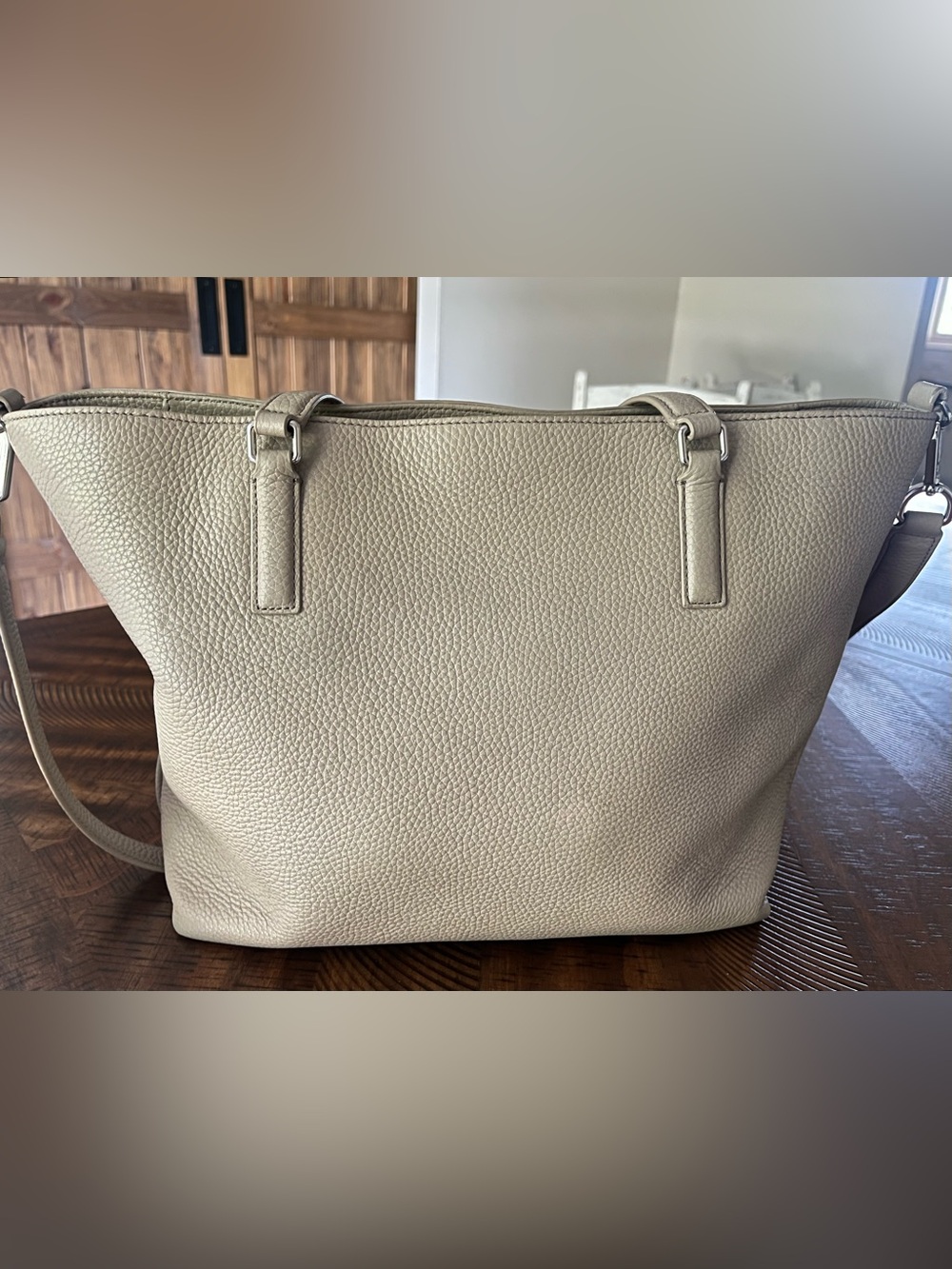 Tory Burch Thea Tote Pebble Leather Hobo Bag Taupe French Grey Tan Large - Picture 7 of 16
